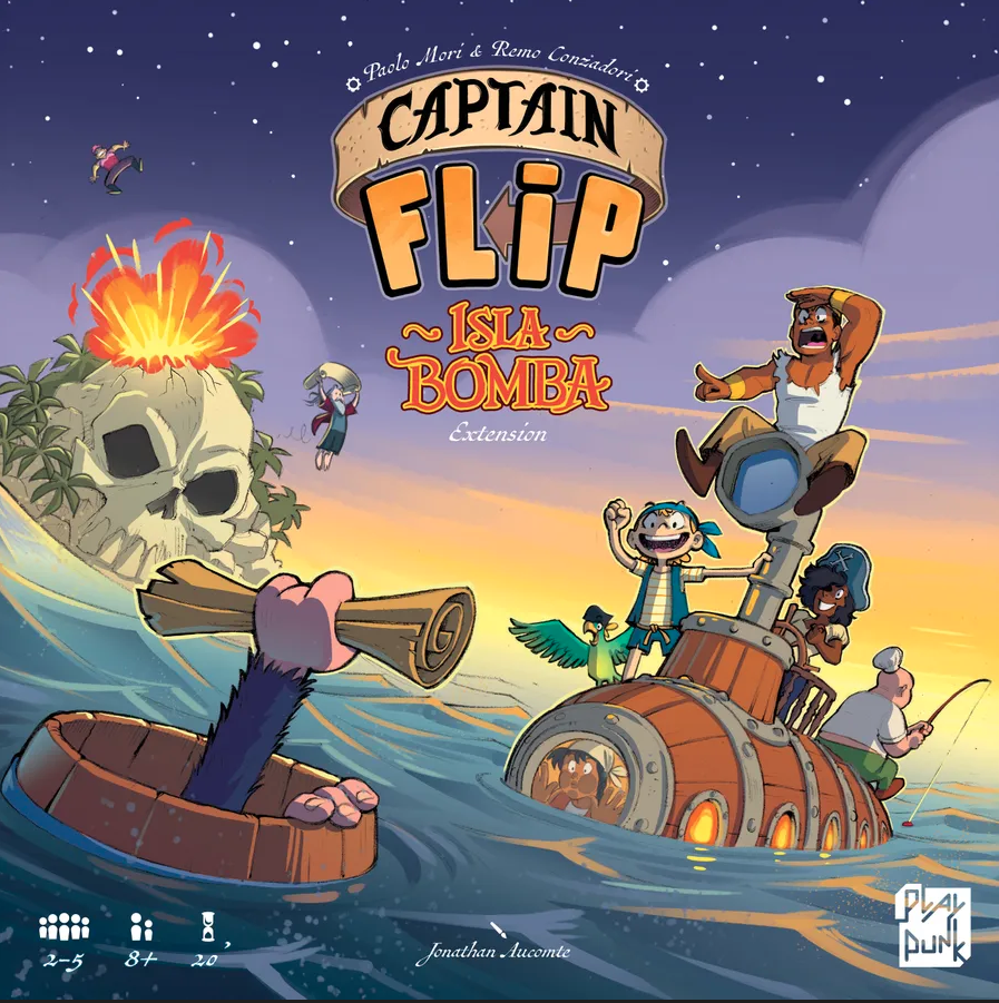 Board game expansion cover for 'Captain Flip: Isla Bomba' with characters on a boat and island.