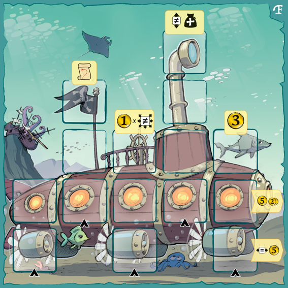 Board game expansion Adventure Plate for 'Captain Flip: Isla Bomba' with an Illustration of a steampunk-style submarine with various mechanical parts and numbers on an underwater background.