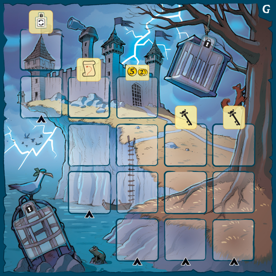 Board game expansion Adventure Plate for 'Captain Flip: Isla Bomba'  with a Cartoon castle scene with locked chests and a bird on a cliff.