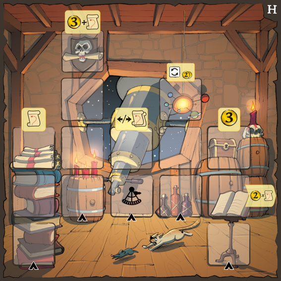 Board game expansion Adventure Plate for 'Captain Flip: Isla Bomba'  with various objects and items in a room setting