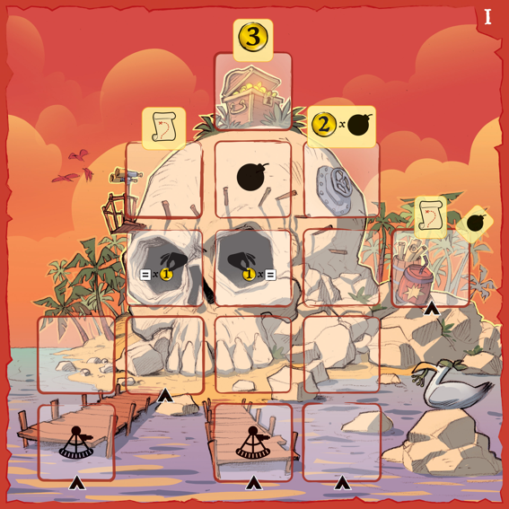 Board game expansion Adventure Plate for 'Captain Flip: Isla Bomba'  with an Illustrated puzzle including numbered sections and various elements on a sunset background
