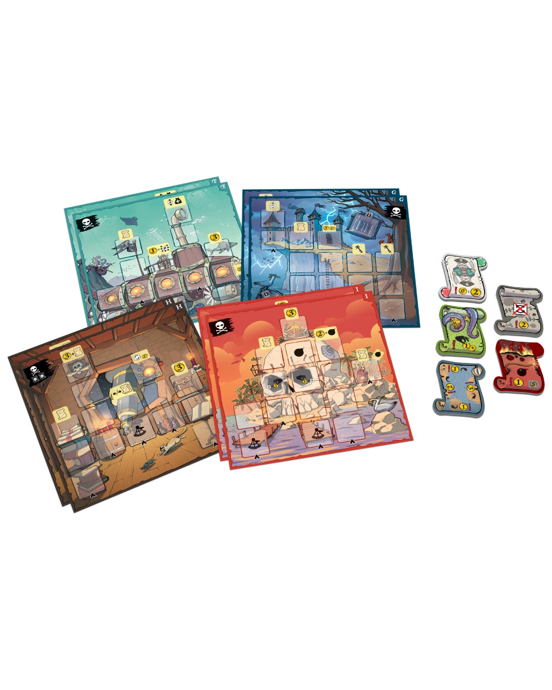 Board game expansion Adventure Platesfor 'Captain Flip: Isla Bomba' including cards and pieces on a white background