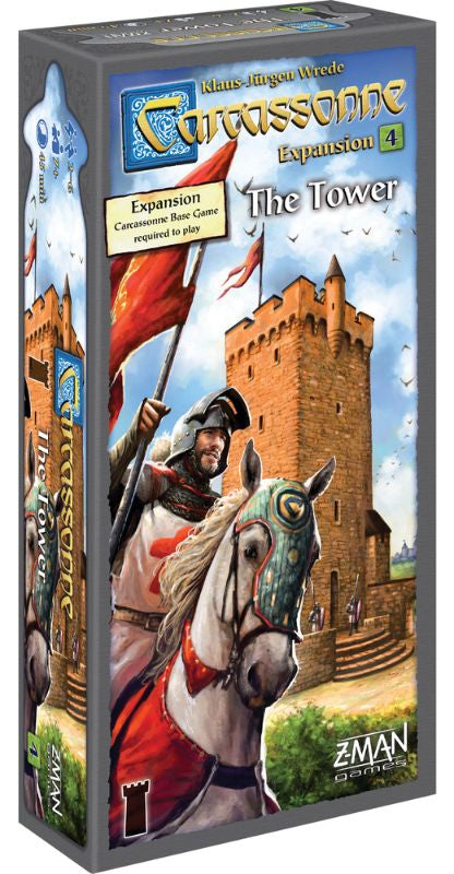 The product image shows the box of 'Carcassonne: The Tower', featuring an illustration of a medieval castle tower with a knight on a horse, indicating a theme of fantasy and strategy, with Z-Man Games branding.