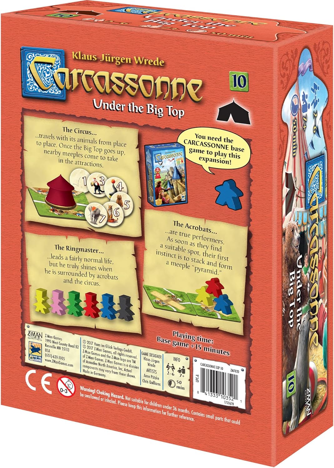 Board game box for 'Carcassonne Under the Big Top' with colorful illustrations and text.