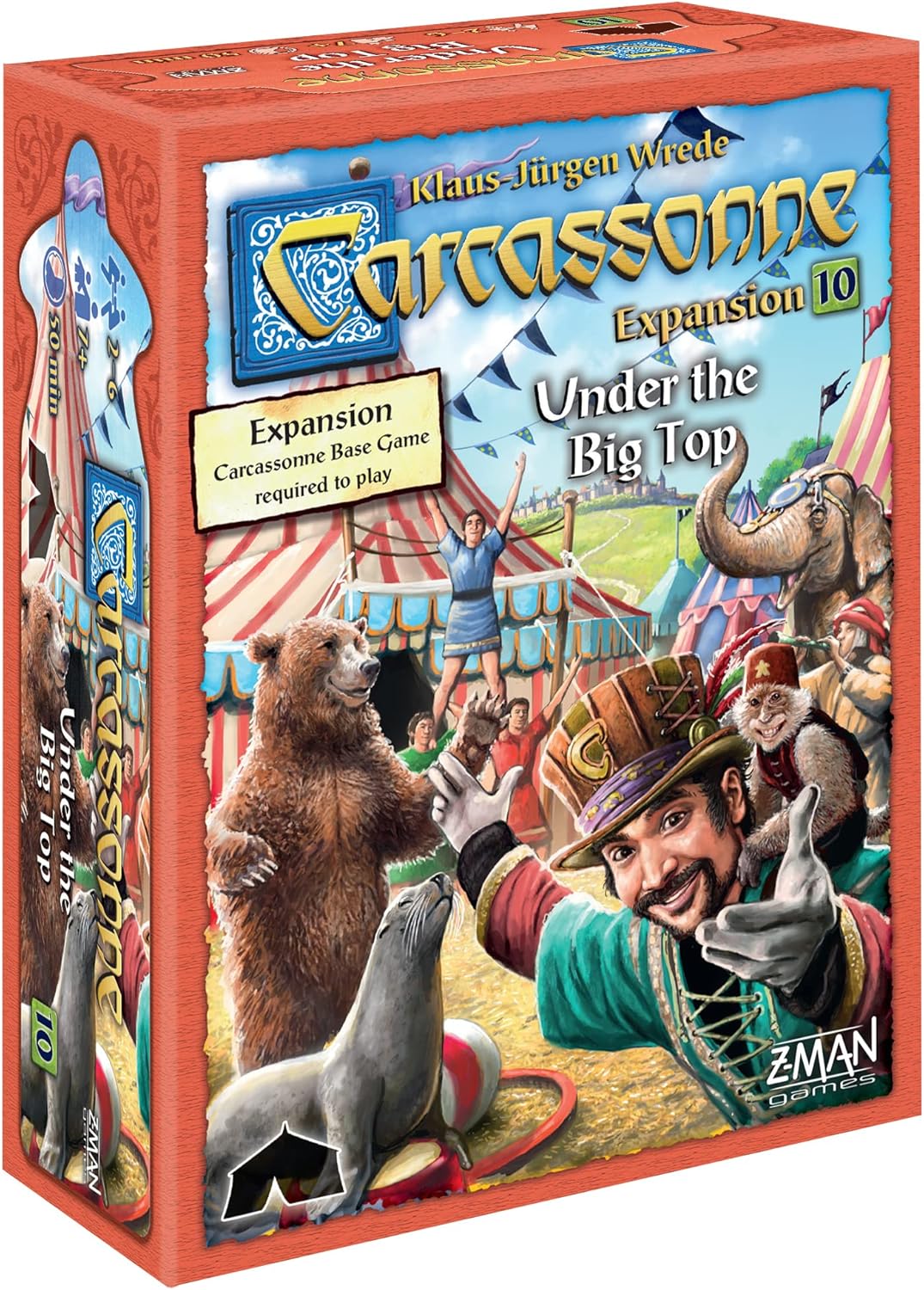 Board game expansion box for 'Carcassonne' with circus-themed artwork and Z-Man Games branding.