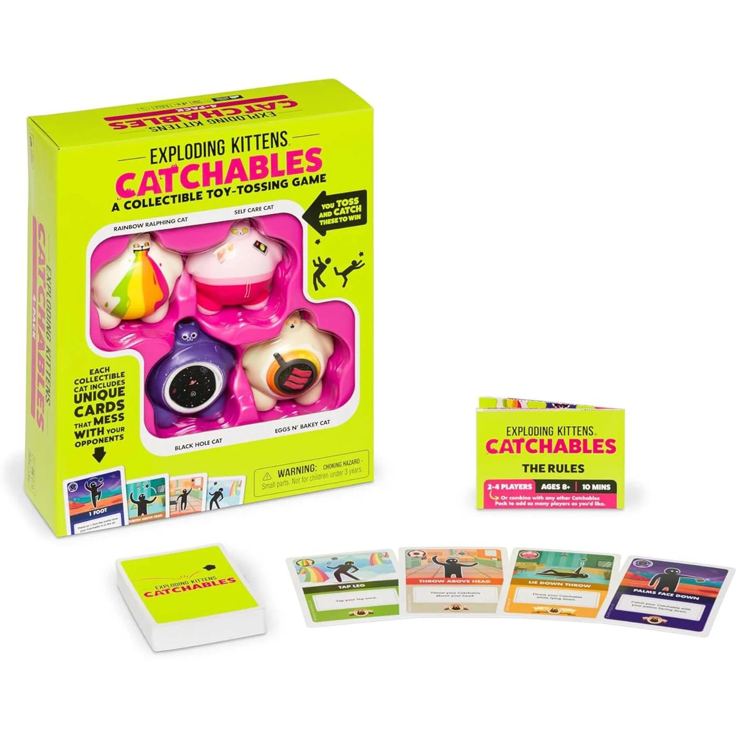 Exploding Kittens Catchables game box with collectible toy and cards on a white background