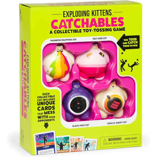 Box of Exploding Kittens Catchables toy-tossing game with colourful cat figures and text on a white background.