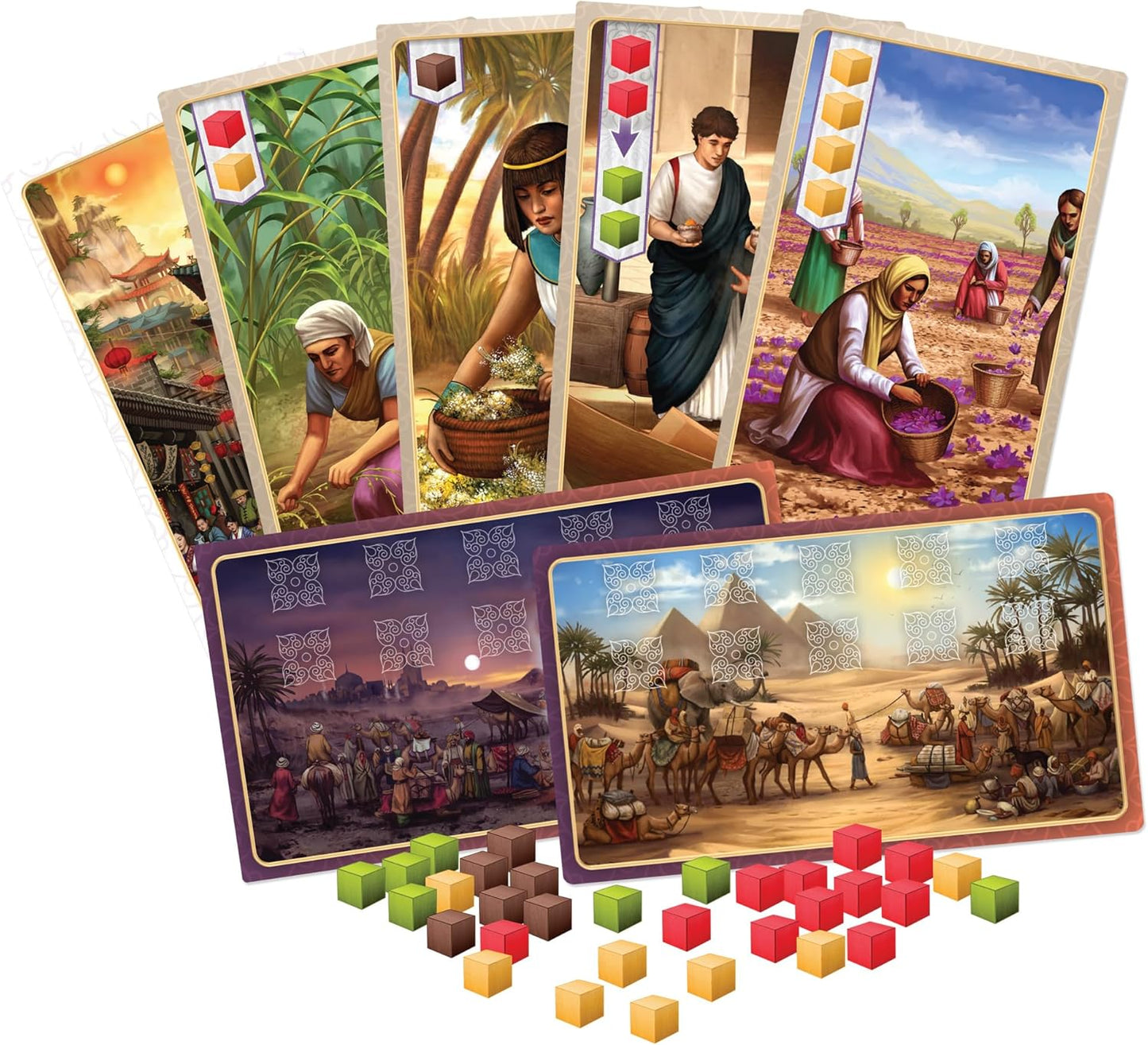 Set of game cards for the board game Century: Spice Road with colourful illustrations and game pieces on a white background