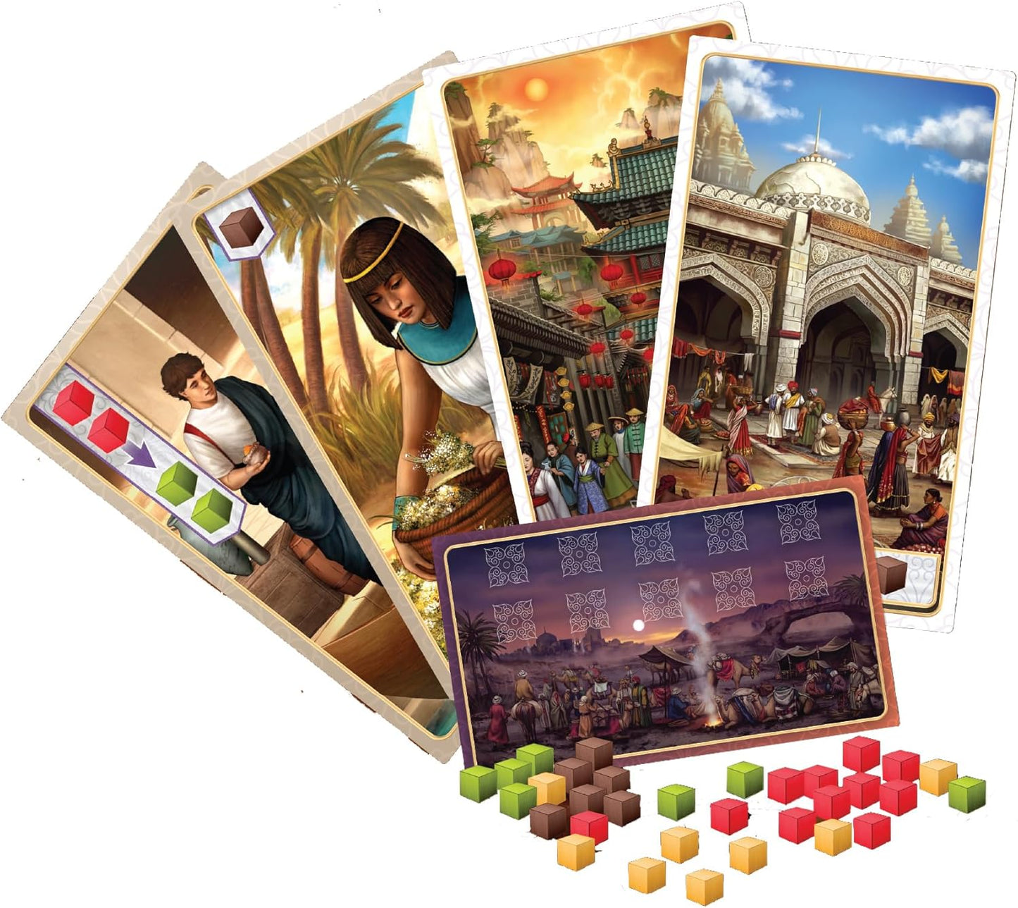 board game Century: Spice Road cards with illustrations of people and landscapes, accompanied by colourful game pieces.