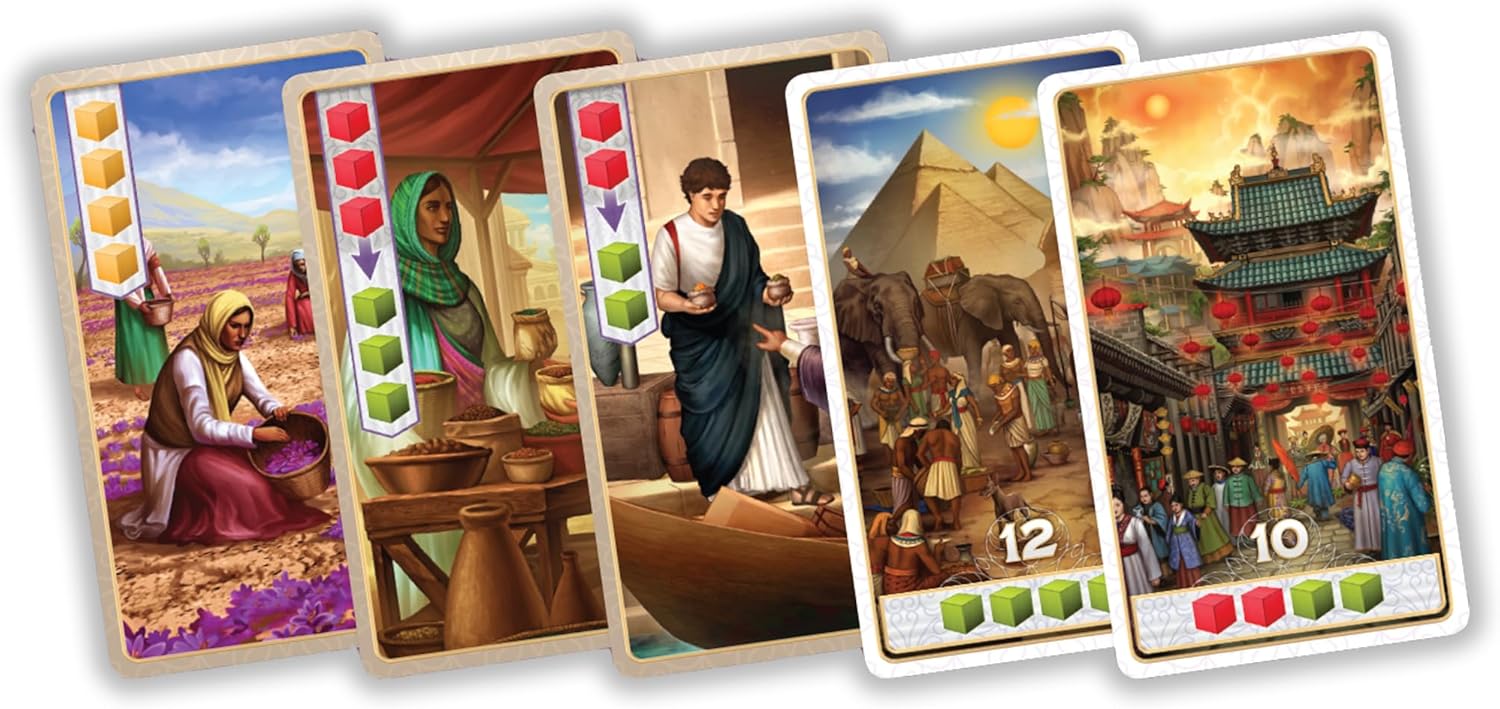 board game Century: Spice Road Set of trading cards depicting scenes from a historical or cultural setting with people and activities.