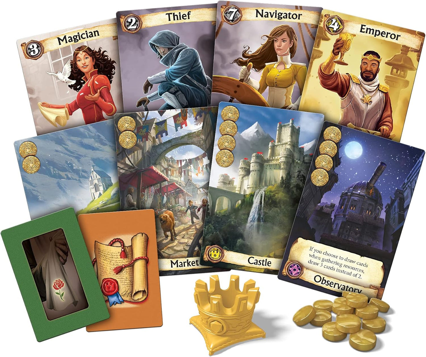 Collection of game cards with characters and scenery, featuring gold coins and a crown. for Citadels Revised Edition card game