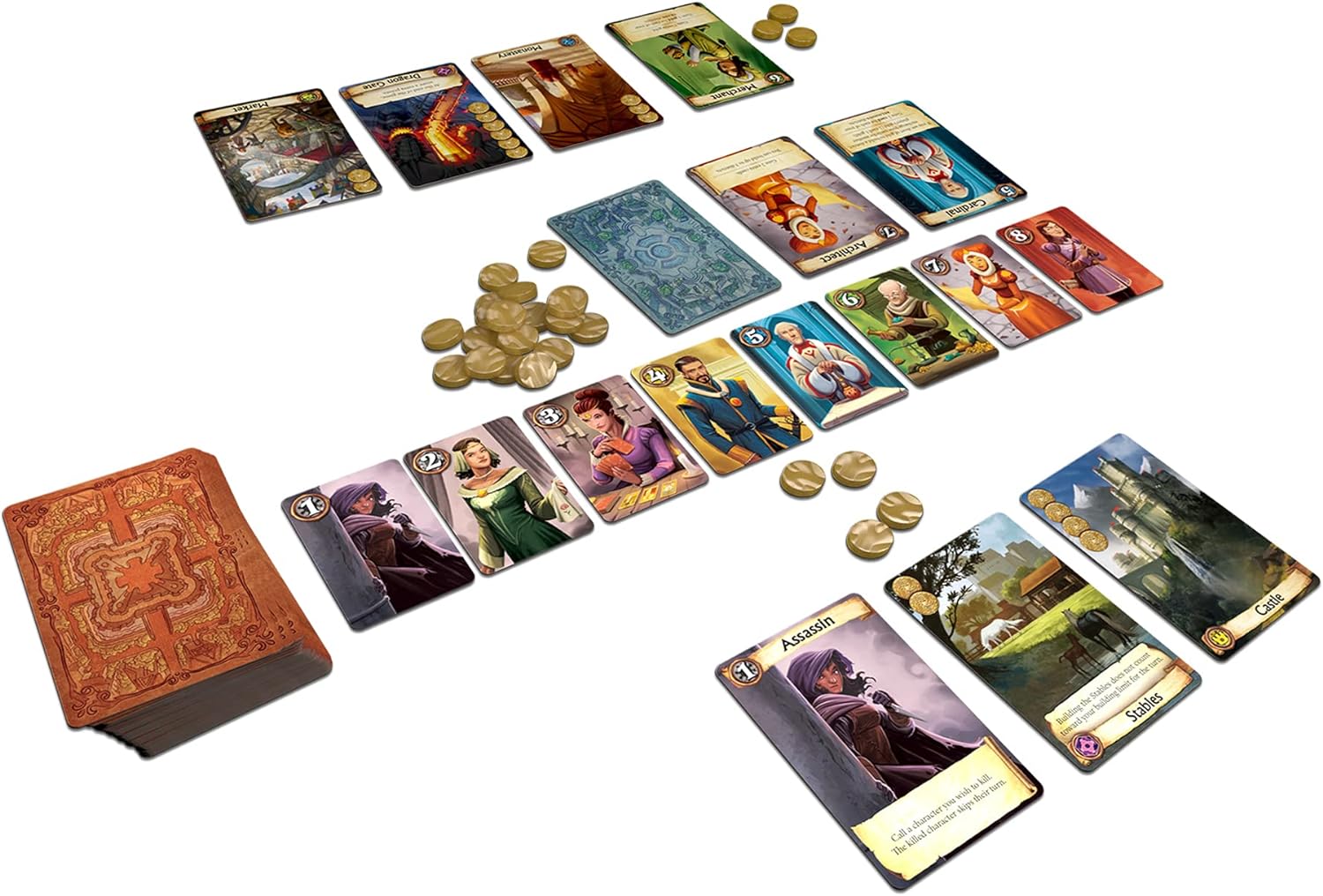 Citadels Revised Edition card game with character cards and gold coins on a white background