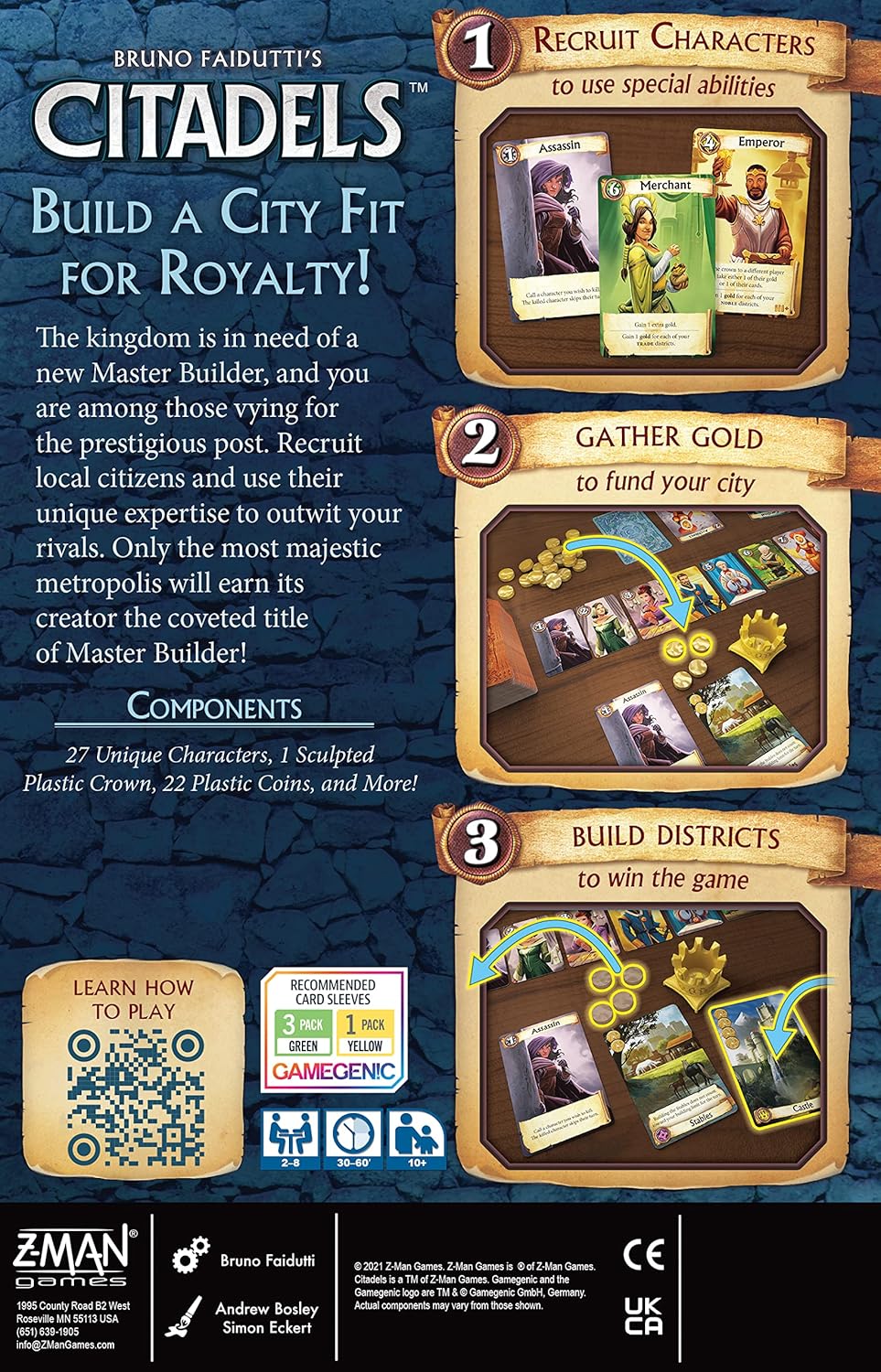 Game box for 'Citadels' with character cards, gold coins, and district cards on a blue background.