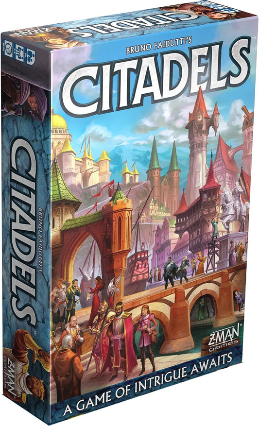 Box cover art for Citadels Revised Edition card game featuring an illustrated medieval cityscape with characters and castles.