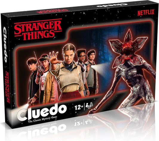 Stranger Things Cluedo board game box with characters and a monster on a reflective surface