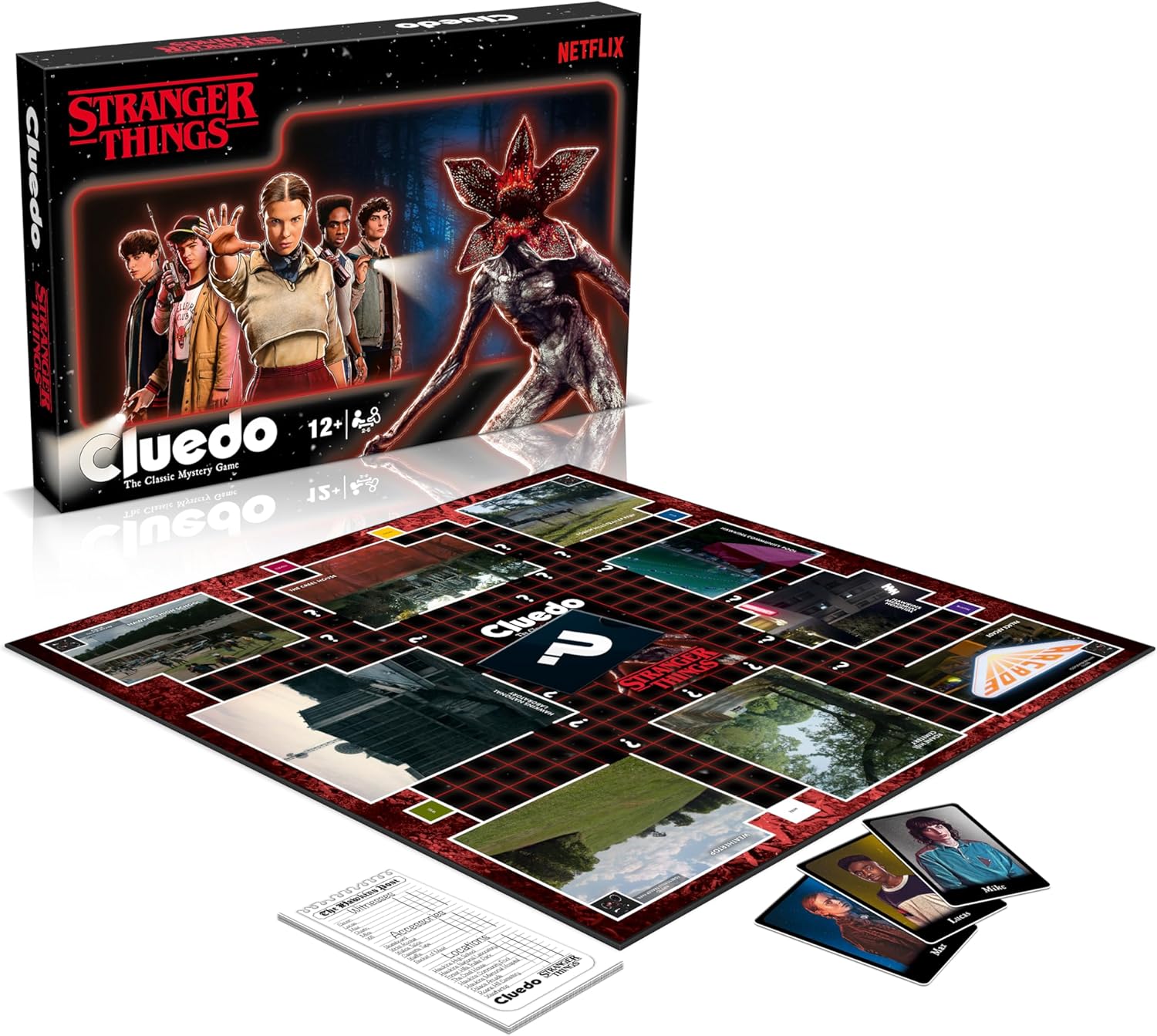 Stranger Things Cluedo board game set with packaging on a white background