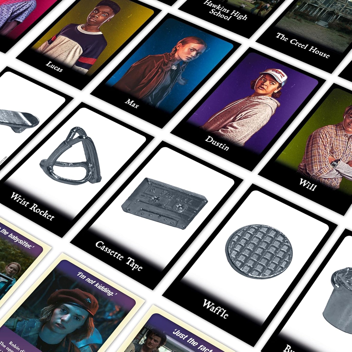 Collection of cards featuring characters and objects from a series, with images and text on each card.