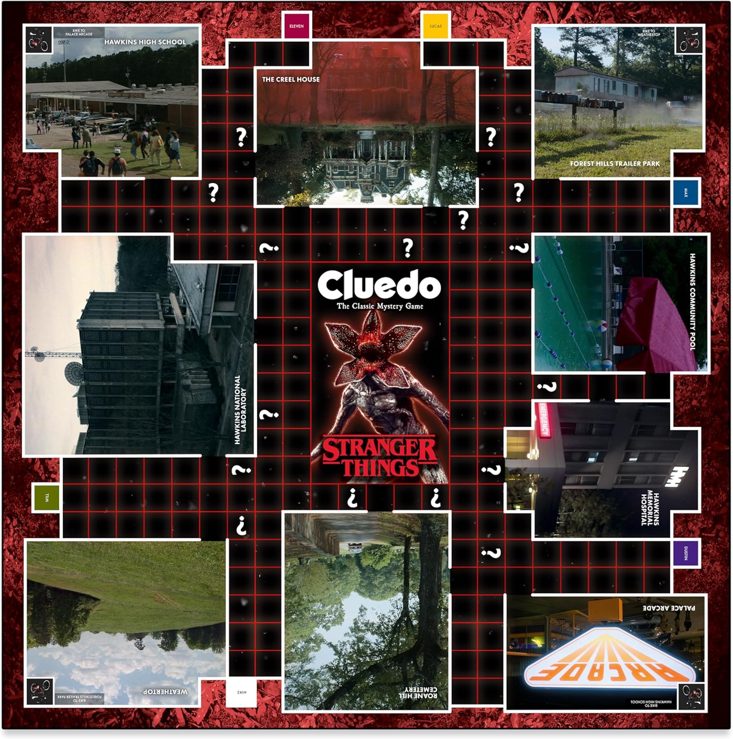 Cluedo board with 'Stranger Things' theme featuring various images and locations.