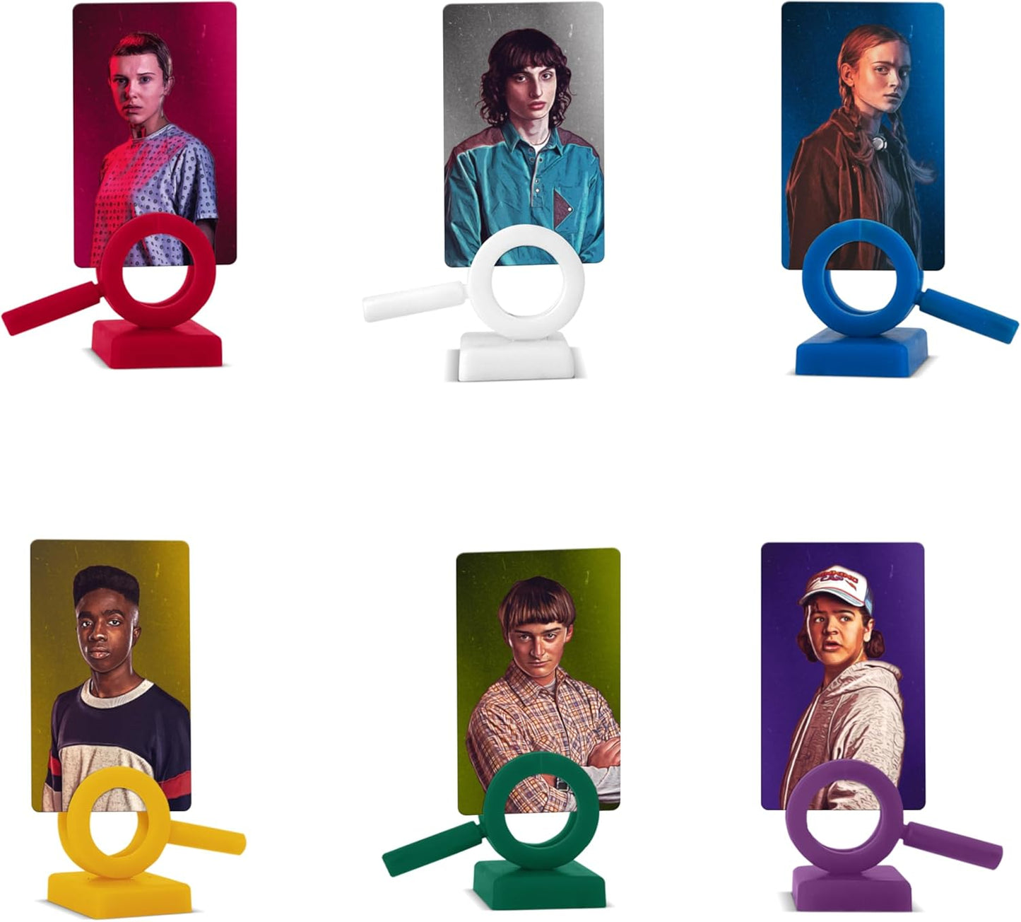 Colourful photo holders with portraits of Stranger Things characters on a white background