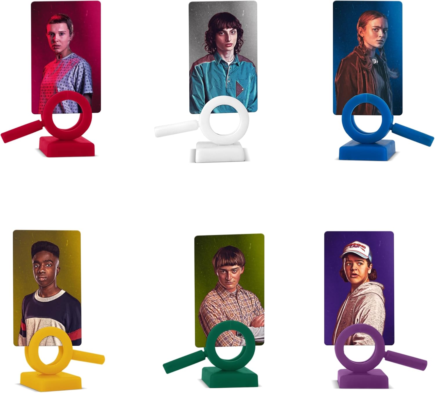 Colourful photo holders with portraits of Stranger Things characters on a white background
