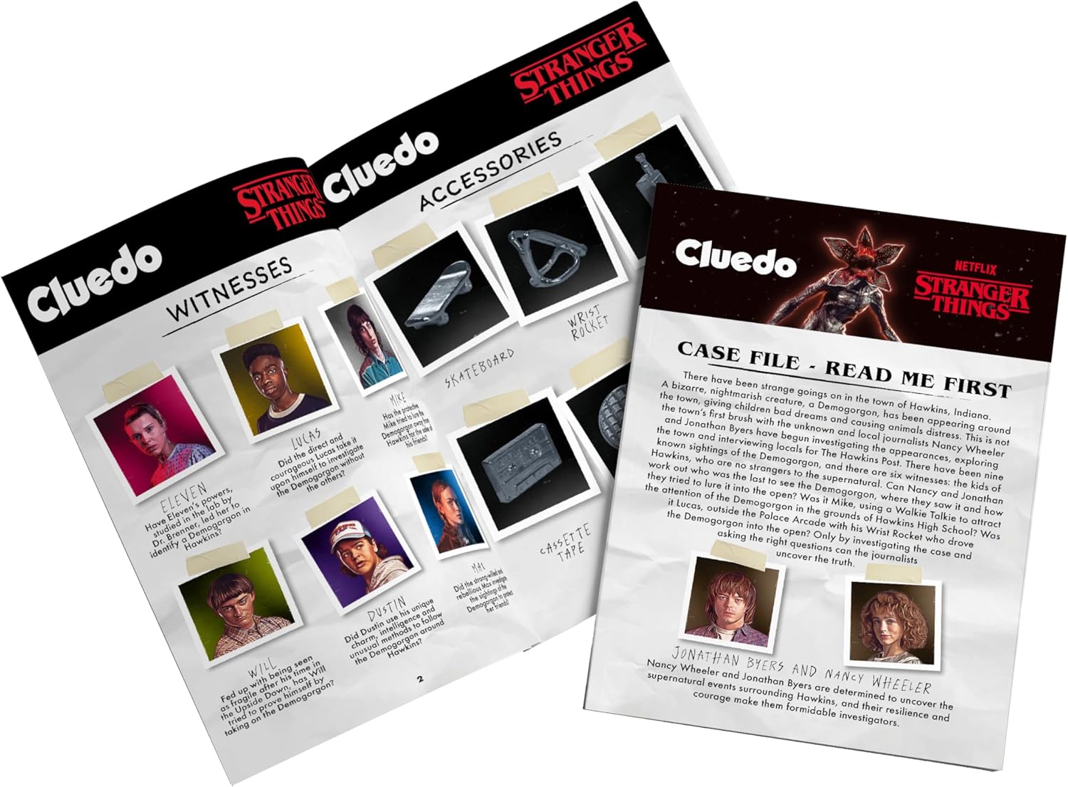Cluedo game components with Stranger Things theme on a white background