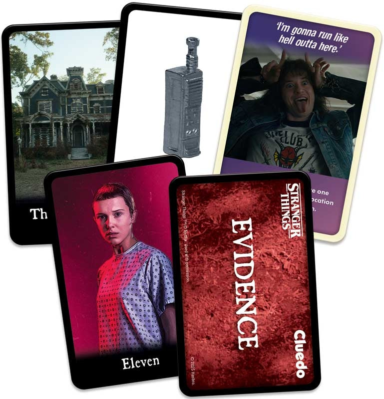 Set of 'Stranger Things' themed Cluedo game cards with various images and text.