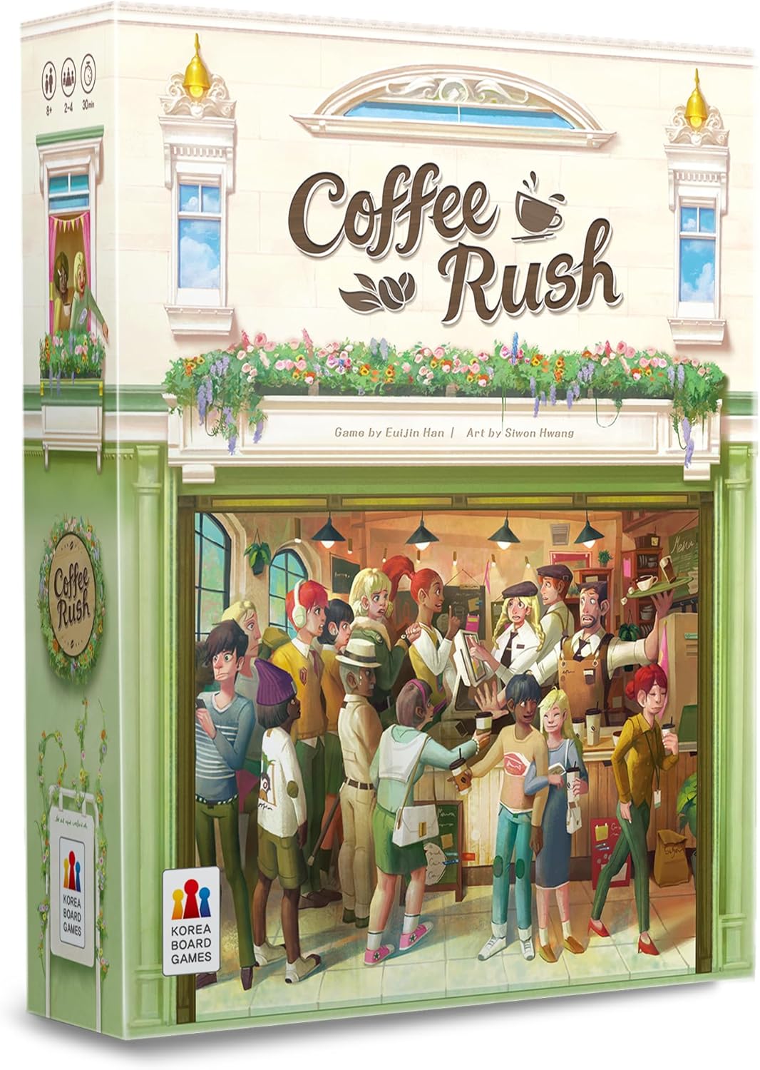 Box for 'Coffee Rush' board game with illustration of a coffee shop and people.