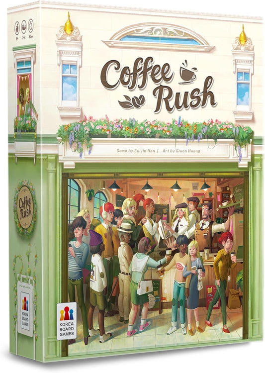 Box for 'Coffee Rush' board game with illustration of a coffee shop and people.
