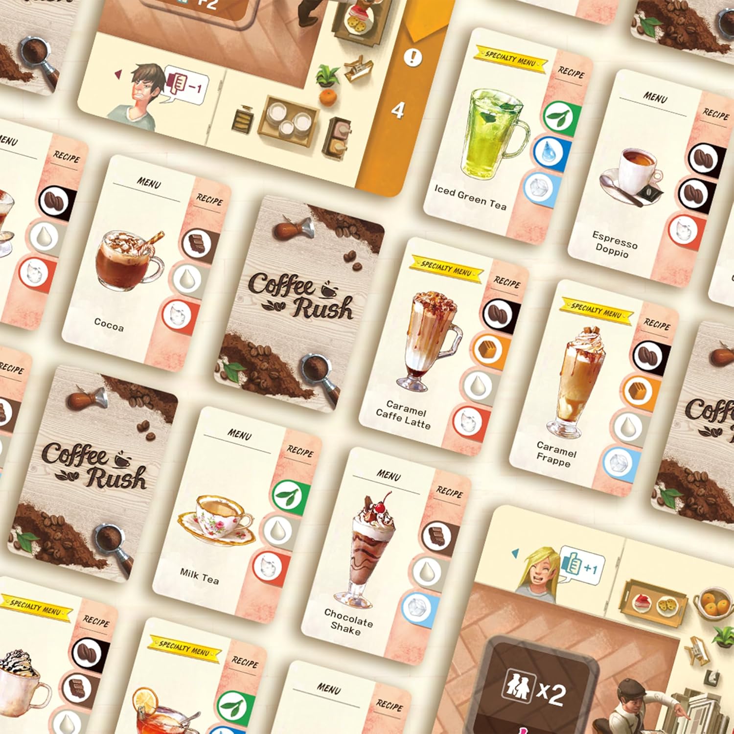 Collection of coffee-themed cards with various coffee drinks and menu designs.