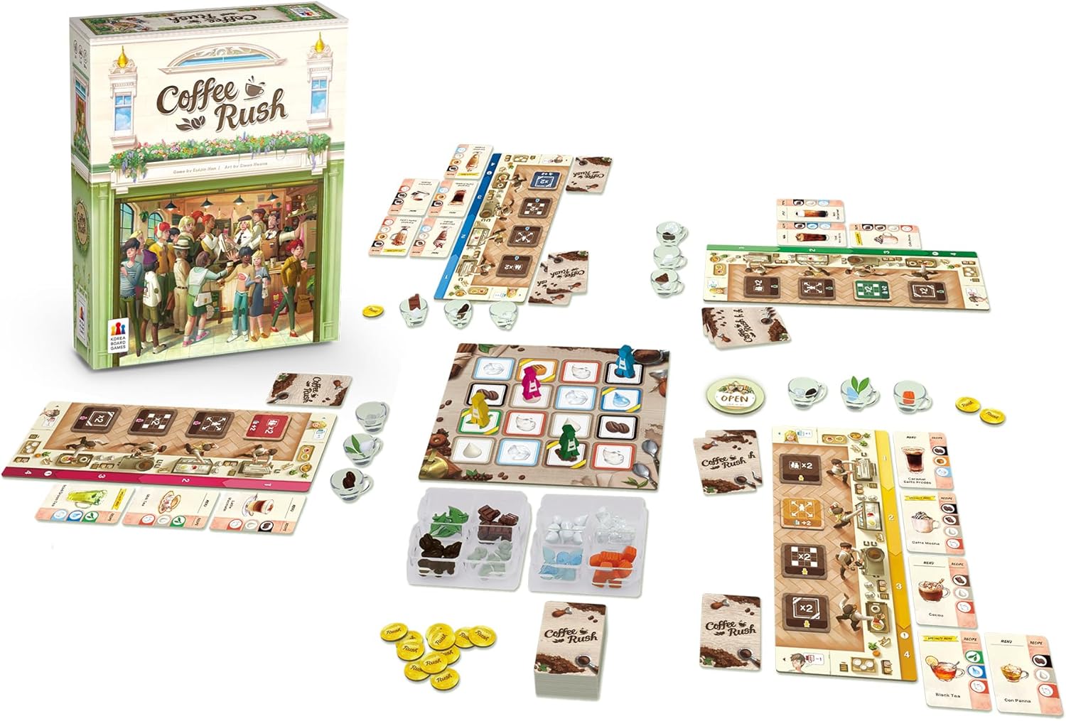 Board game set including components and box titled 'Coffee Rush' on a white background