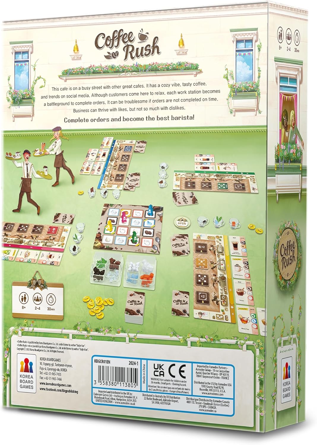 Board game box for 'Coffee Rush' with game components and branding.