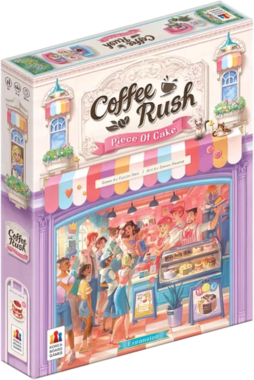 Board game box for 'Coffee Rush' Piece of cake expansion. with colourful graphics on a white background