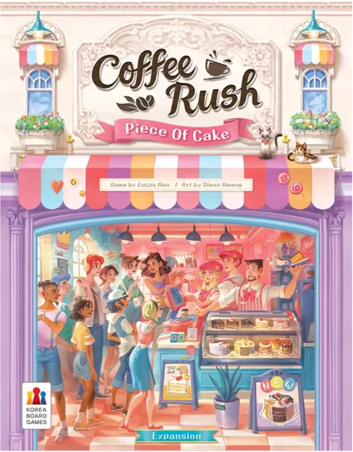 Board game box for 'Coffee Rush' Piece of cake expansion. with colourful graphics of a busy cake shop 