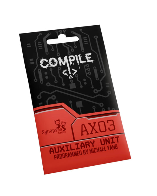 Small packet card game accessory 'COMPILE' and 'AX03 AUXILIARY UNIT', shown on a plain white background. The package is black with circuitry graphics and a red lower section.