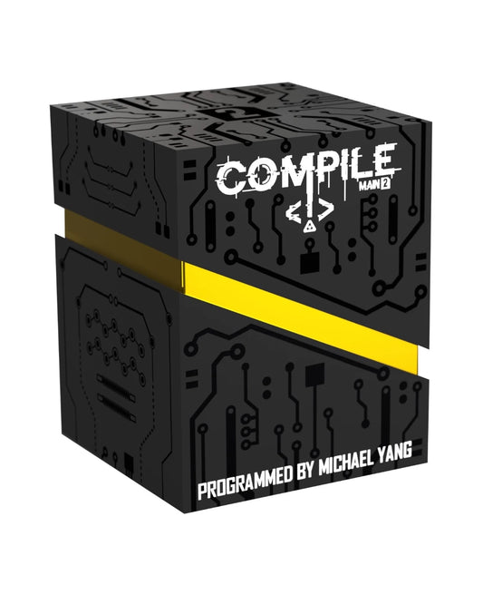 Complie: Main 2 Card game in a black rectangular box with circuit-board graphics, Programmed by Michael Yang' in white, with a bright yellow horizontal stripe across the middle, shown on a white background.