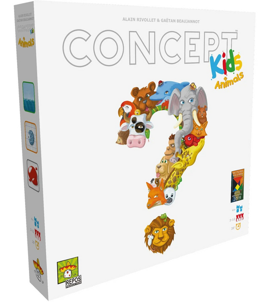 Board game box for 'Concept Kids Animals' with colorful animal illustrations on a white background.