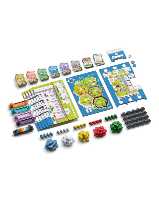 Container by Allplay. A colourful board game set arranged on a white background, including multiple game boards, cards, small blocks, and coloured pieces.
