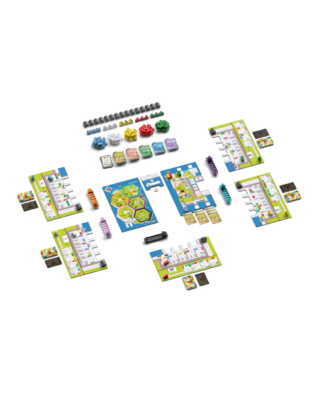 Container board game set arranged on a plain white background, including multiple colourful game boards, cards, tokens, and small accessories.