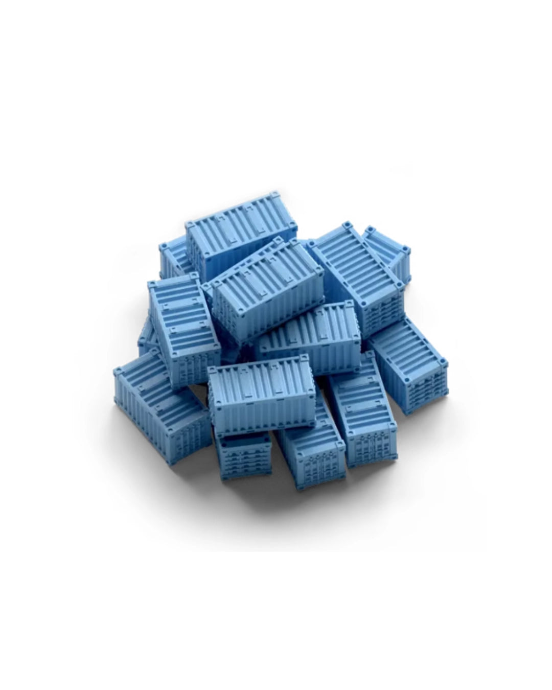 A pile of small blue shipping containers arranged on a plain white background.