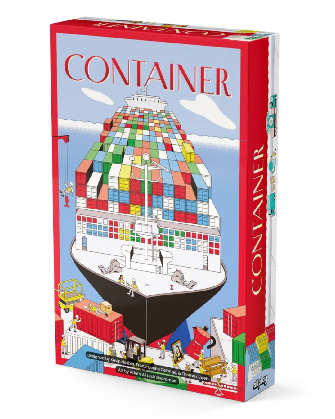 The board game box for 'Container' by Allplay, featuring a colourful cartoon illustration of a cargo ship stacked with shipping containers on a light blue background.