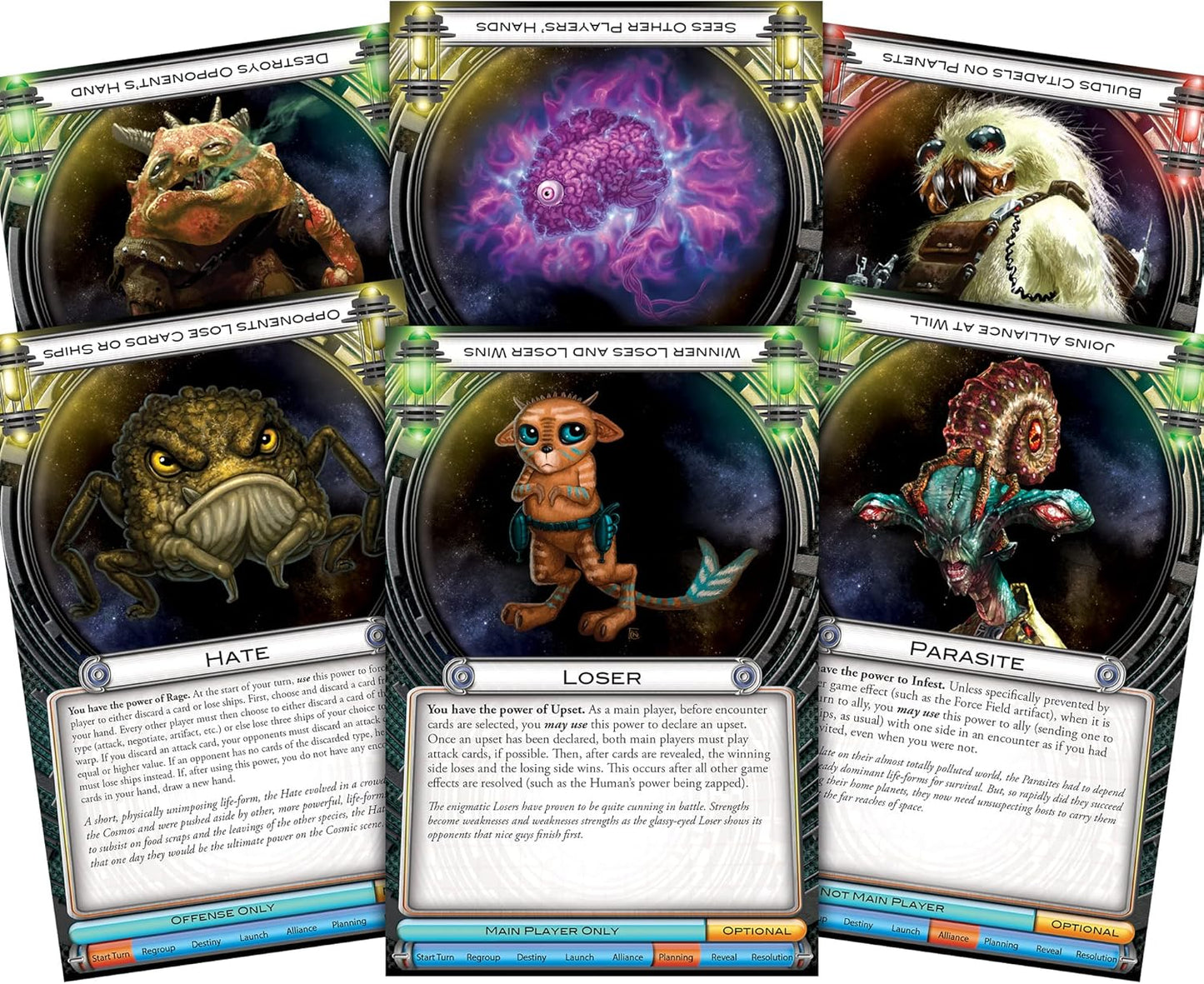 Cosmic Encounter board game collection of in-game cards with various creatures and text