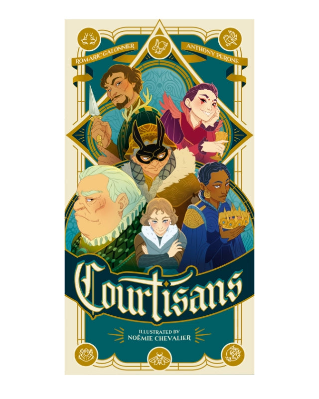 Cover of 'Courtisans' with illustrated characters and decorative elements.