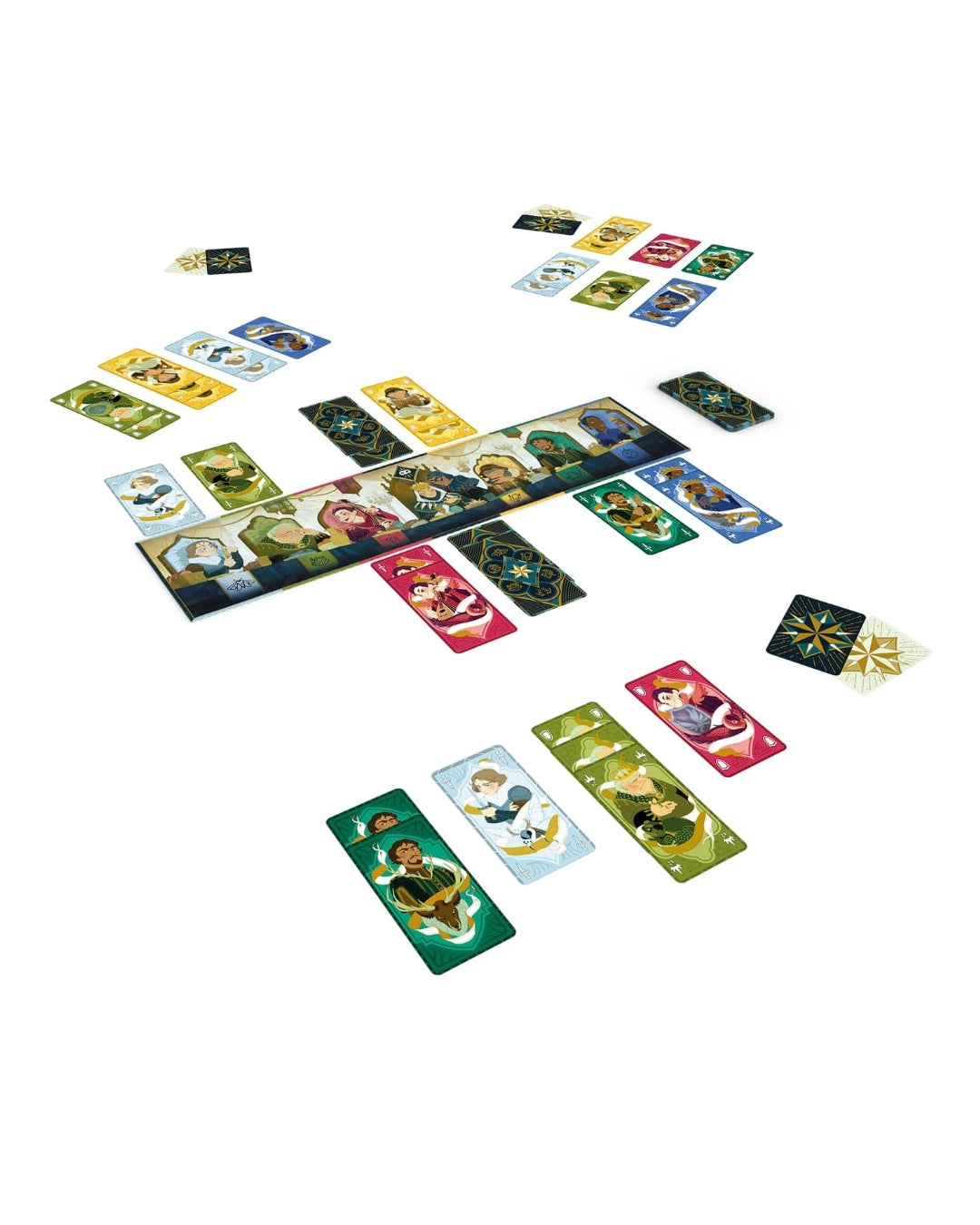 Collection of colourful cards with various designs for Courtisans, the card game on a white background