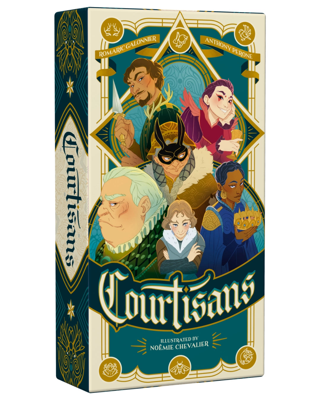 Board game box titled 'Courtisans' with illustrated characters on a white background