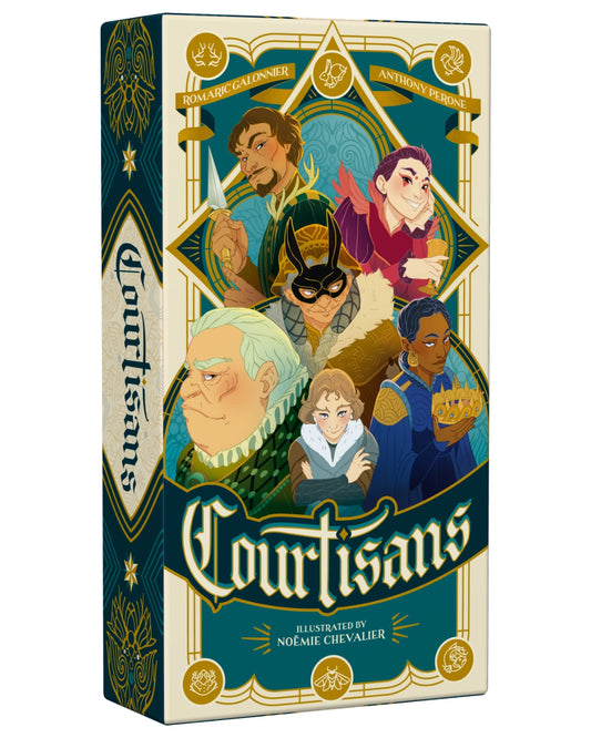 Board game box titled 'Courtisans' with illustrated characters on a white background