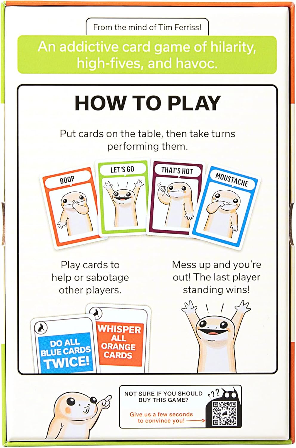 Instructions for an addictive card game with cartoon cards and humorous text.