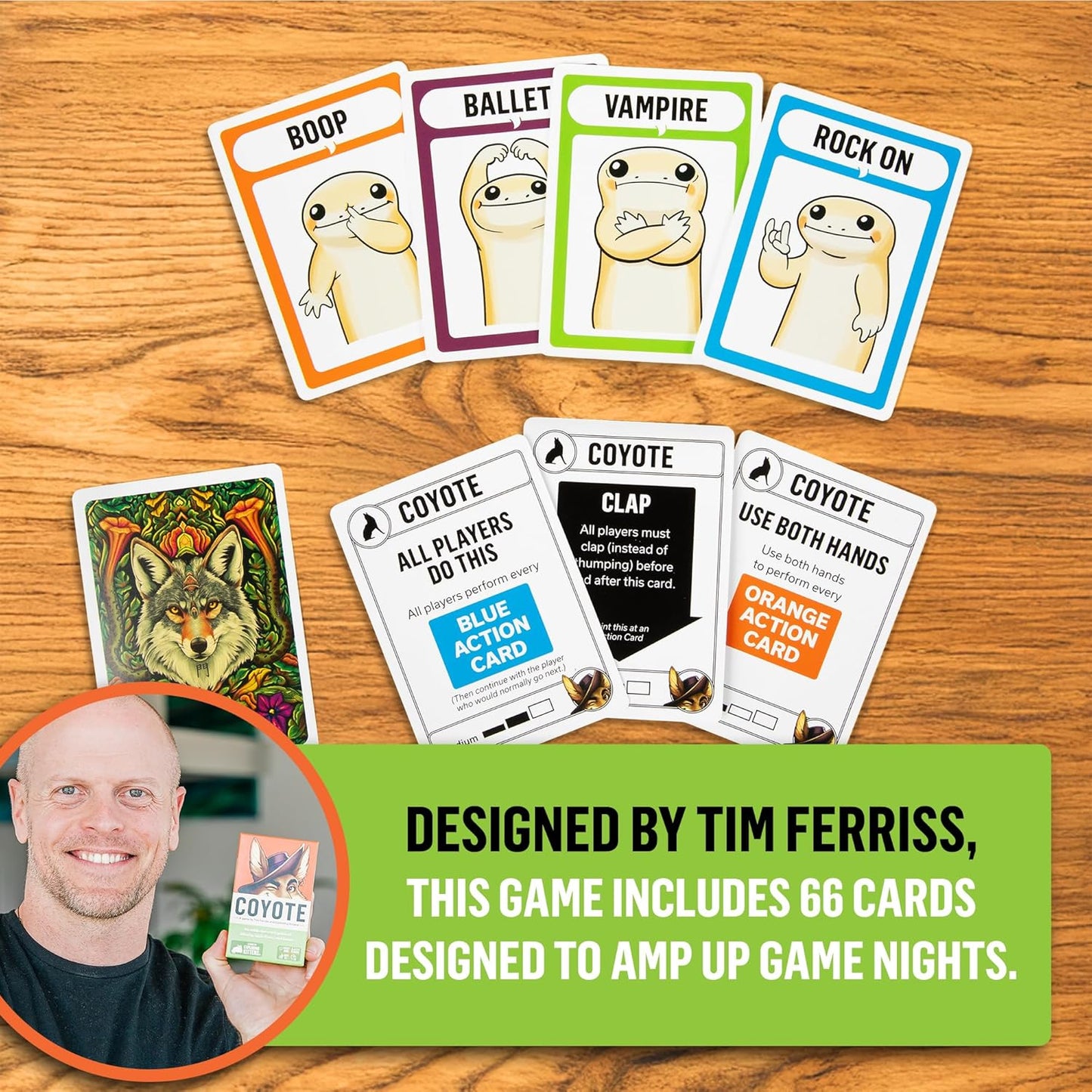 Set of cards on a wooden surface with a promotional banner about Tim Ferriss's card game.