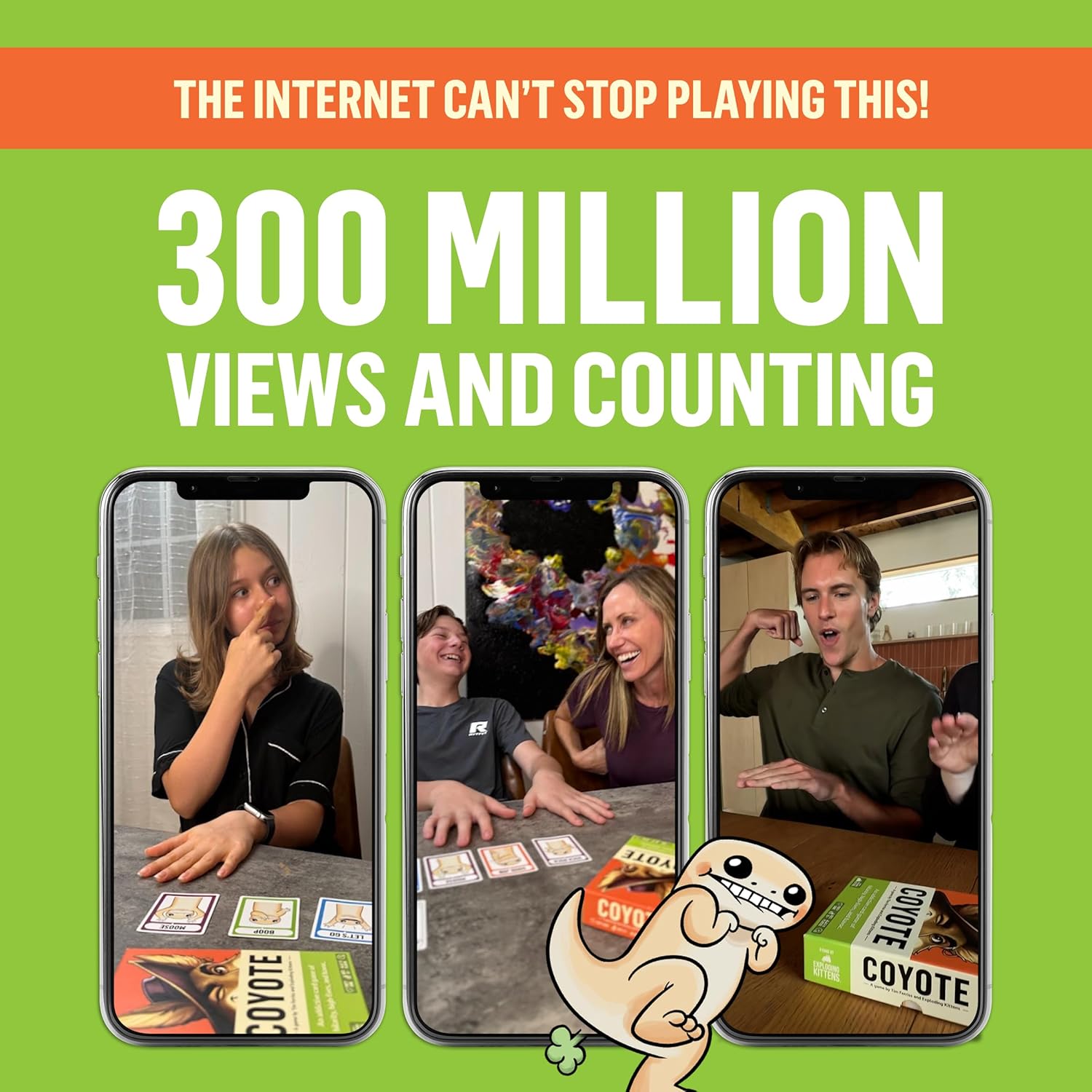 Three smartphone screens showing people playing a card game with text about video views on a green background.