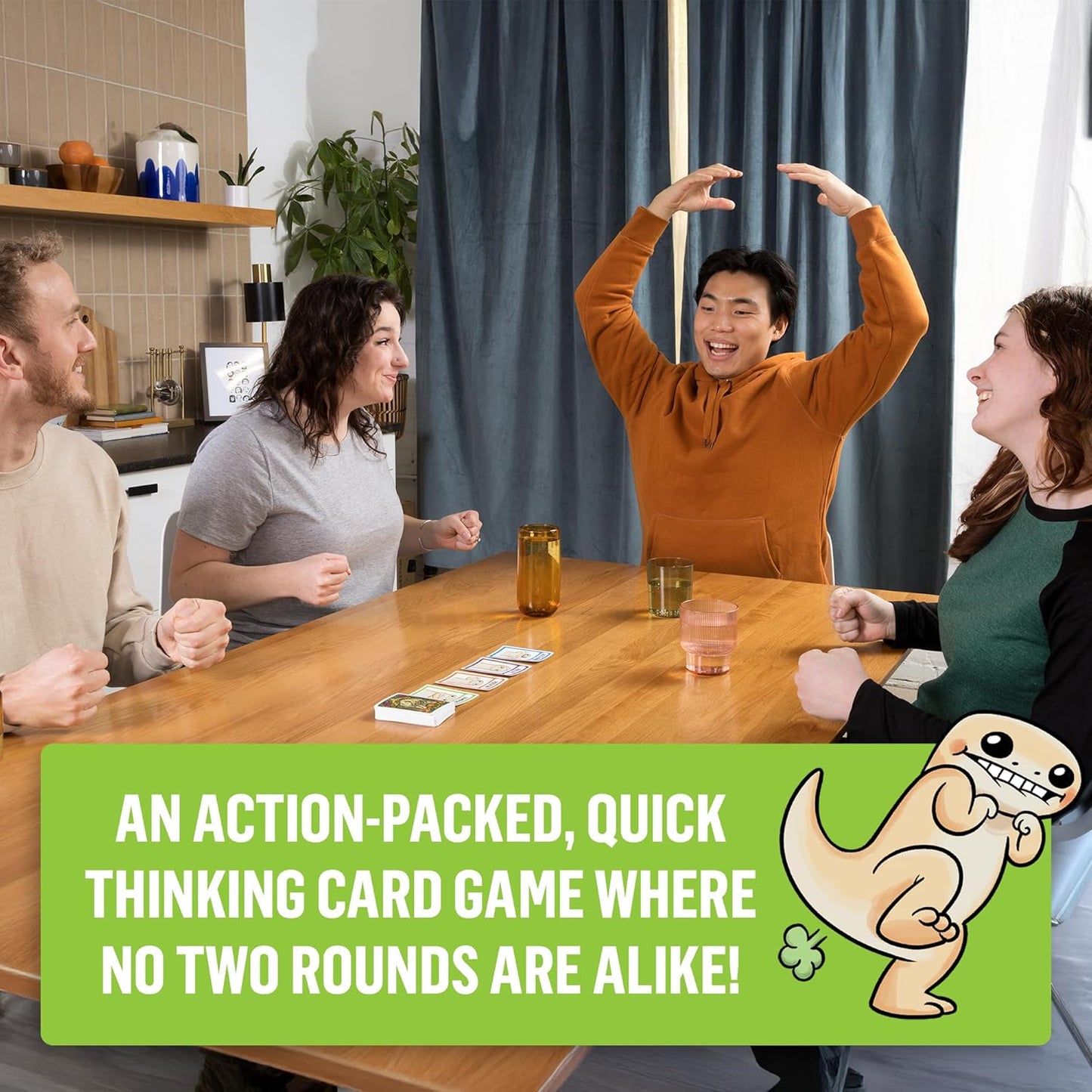 Four people playing a card game around a table with a promotional text overlay.