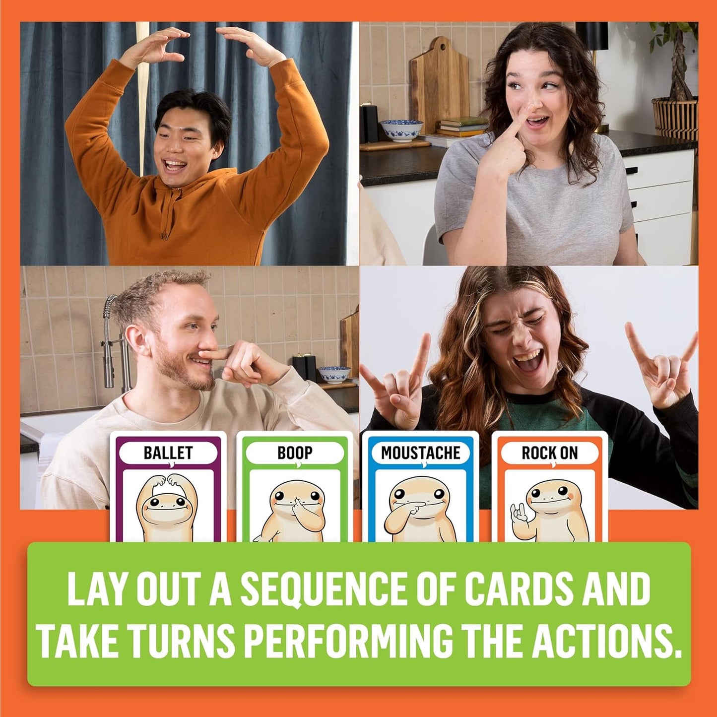 Collage of people performing actions with cards labeled 'Ballet', 'Boop', 'Moustache', and 'Rock on' against an orange background.